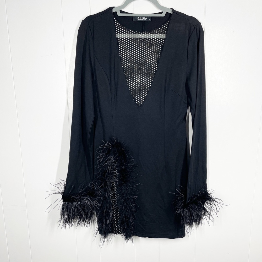 AKIRA Black Mini Dress with Feather Trim